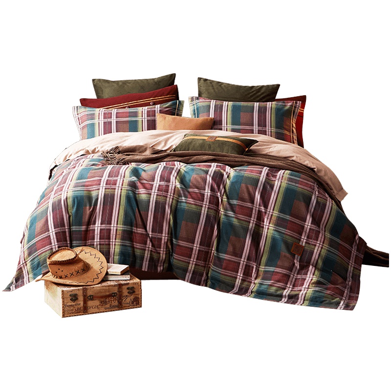 LOVO家纺罗莱生活出品四件套全棉纯棉北欧磨毛被套床单被罩网红都挺好同款条格简约