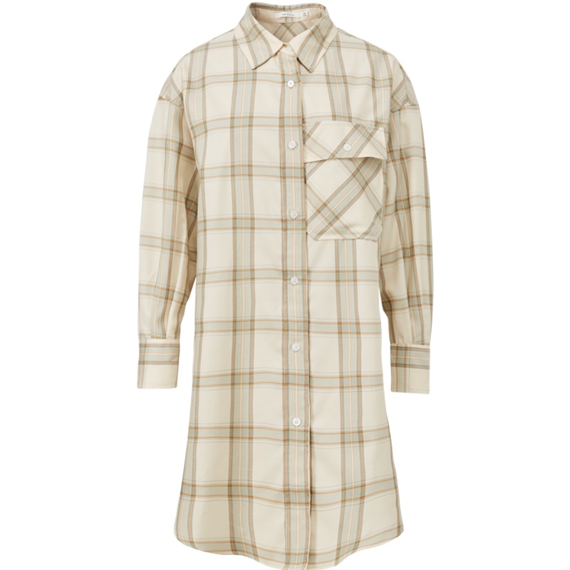 MECITY女装秋季新款人棉职业设计感格纹印花中长款长袖衬衫