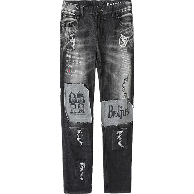 马克华菲男装夏季ins时尚磨白破洞休闲印花七分裤牛仔裤男潮牌