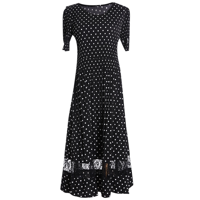 欧昵雪夏季气质赫本风V领收腰拼接蕾丝波点连衣裙女短袖