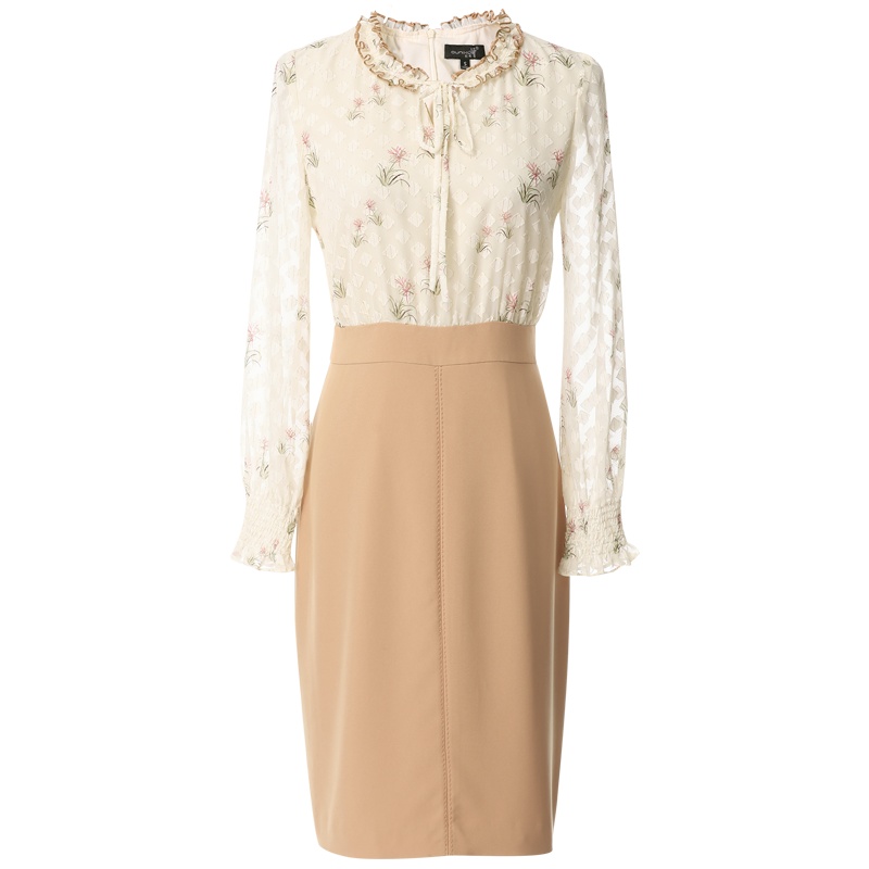 欧昵雪木耳边圆领长袖假两件拼接碎花雪纺连衣裙女