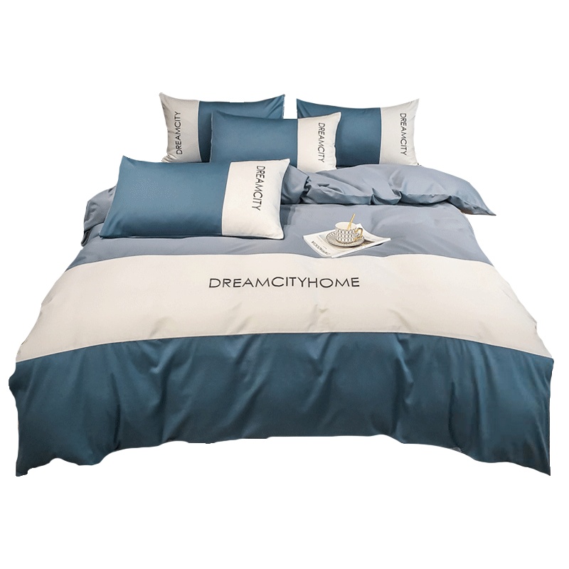 安居先森色拼高支高密全棉贡缎单人床三件套活性印染员工宿舍常用0.9米床/1.2米床D1599