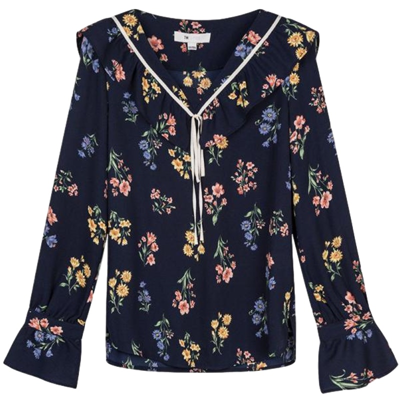 7M莫丽菲尔衬衫女秋新款娃娃领韩版学生宽松雪纺碎花上衣70009647