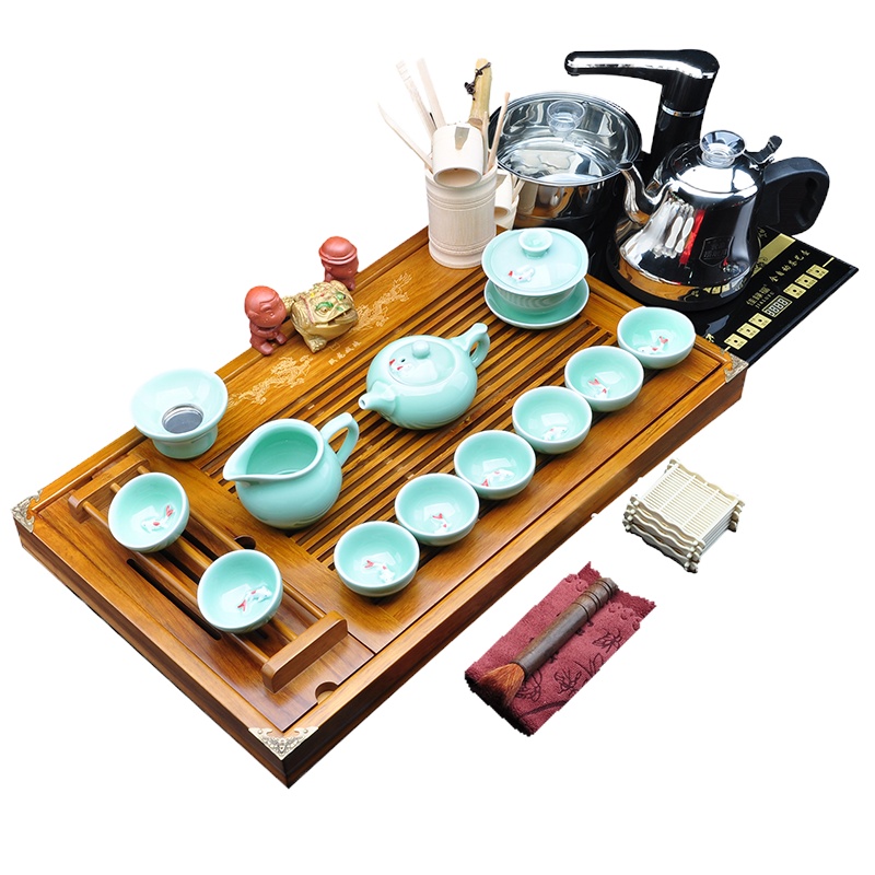 唐宏坊 双龙戏珠茶具套装 整套茶具实木茶盘 一体式电热炉全自动上水 兰鱼 整套功夫茶具套装
