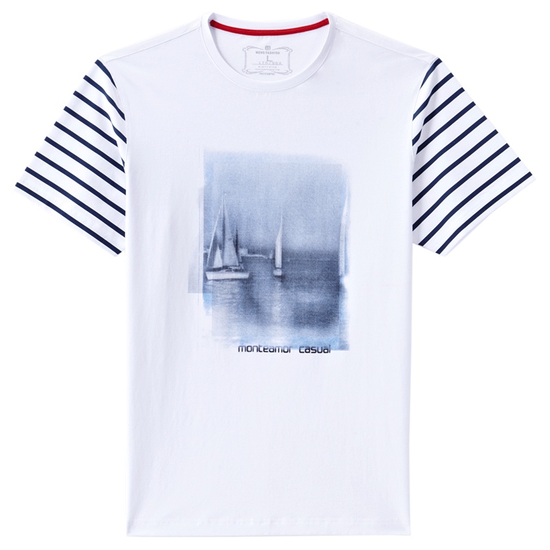蒙蒂埃莫夏季户外海洋风印花拼接条纹短袖圆领棉T恤