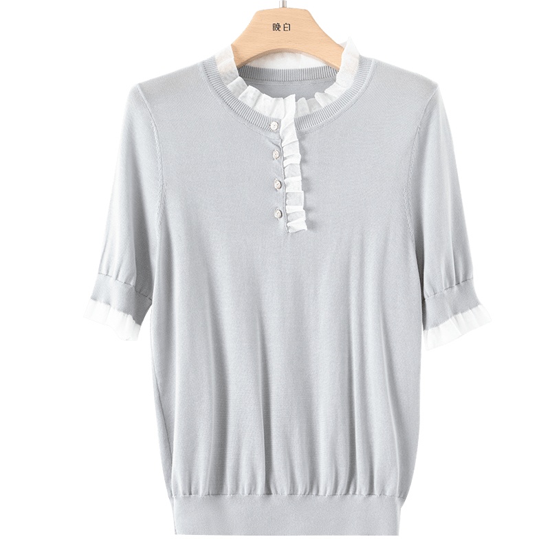 晚白2020秋冬新品名媛淑女木耳边荷叶领短袖休闲打底衫针织衫毛衫女