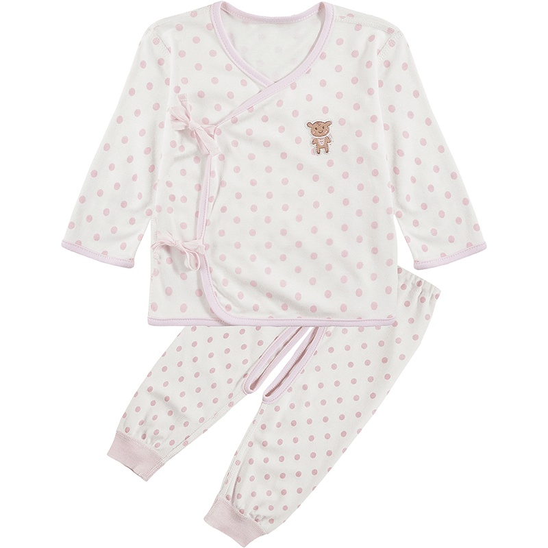 婴姿坊春季波点乐园系列休闲百搭对襟和尚袍斑点印花男童女童开裆内衣两件套