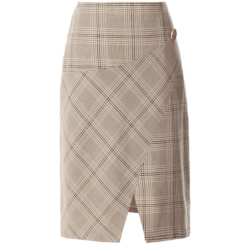 欧昵雪秋装高腰修身开叉格子半身裙子女包臀显瘦一步中裙
