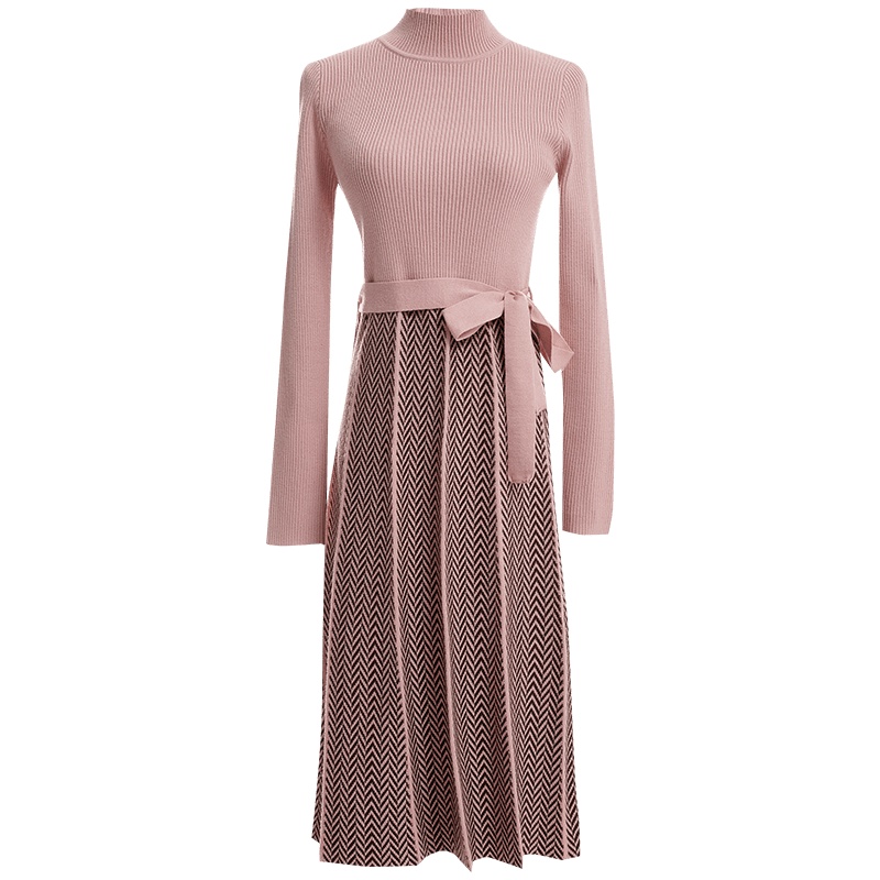 欧昵雪秋冬半高领套头毛衣连衣裙女长袖系带收腰针织裙