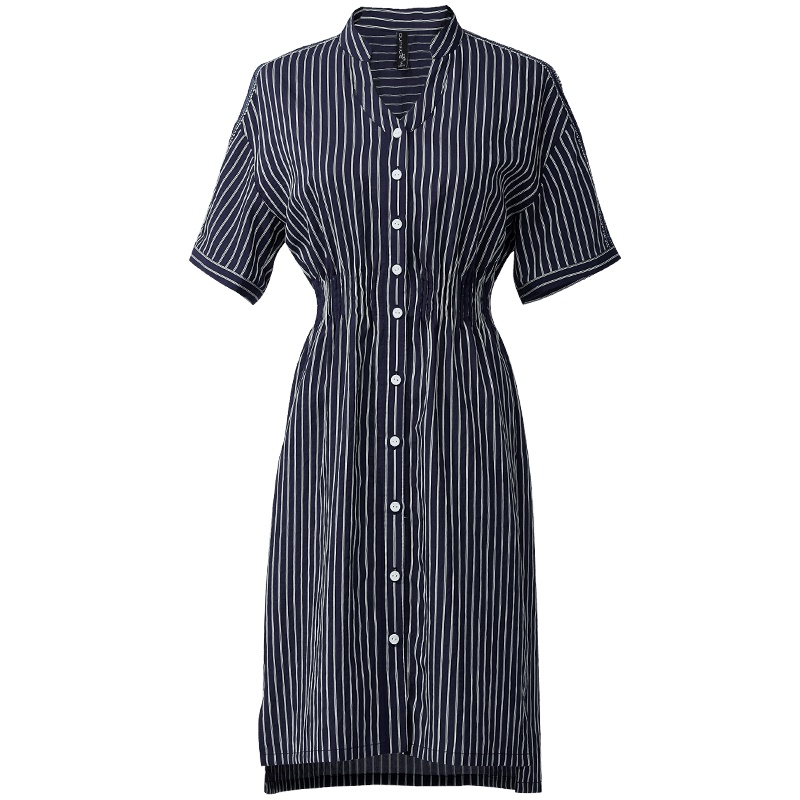 欧昵雪夏季短袖条纹立领衬衫裙女收腰显瘦连衣裙女气质