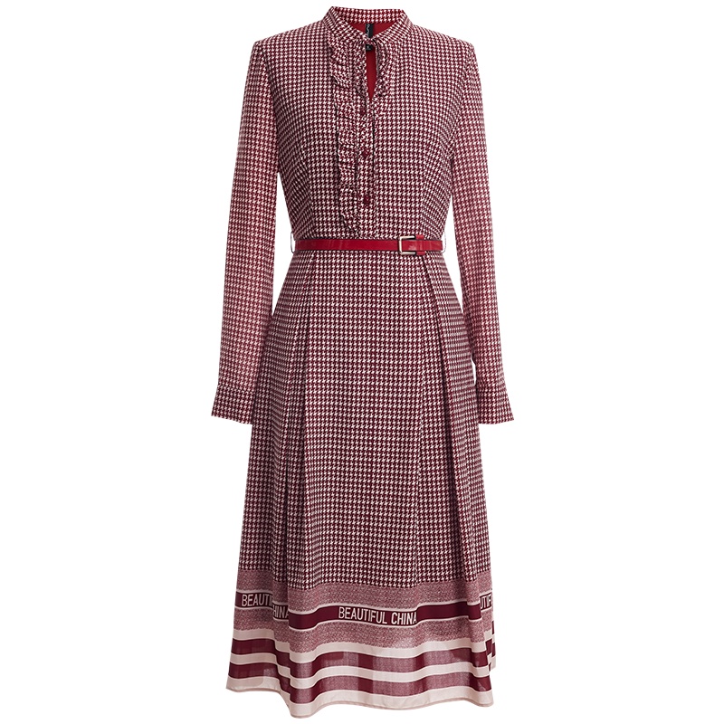 OUNIXUE欧昵雪 | [千鸟格印花裙子]春秋名媛复古拼接荷叶边长袖连衣裙女