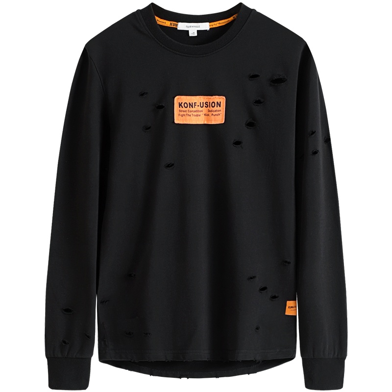 马克华菲卫衣男2019圆领套头韩版潮流宽松春秋黑色破洞休闲外套潮