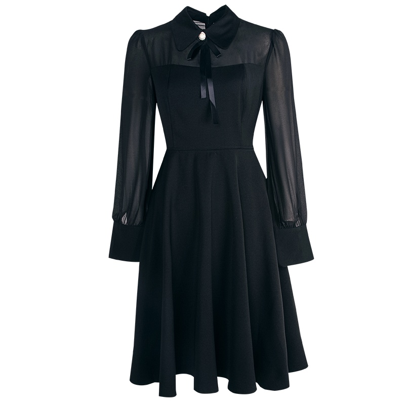 晩白 新品纯色减龄翻领长袖修身显瘦中长A字大摆连衣裙女