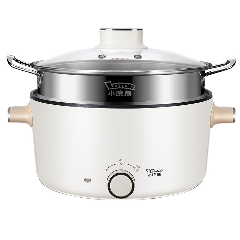 小浣熊电火锅40C 米白不粘蒸笼款家用多功能电煮锅大容量火锅电炒菜炒锅一体懒人蒸煮锅