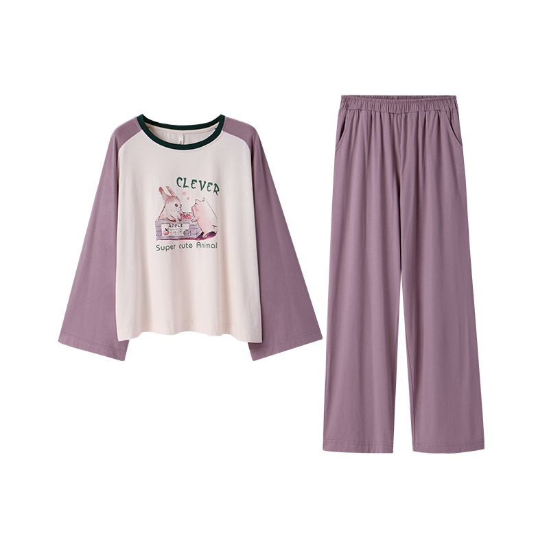 针织优质韩尔棉素色圆领女套装