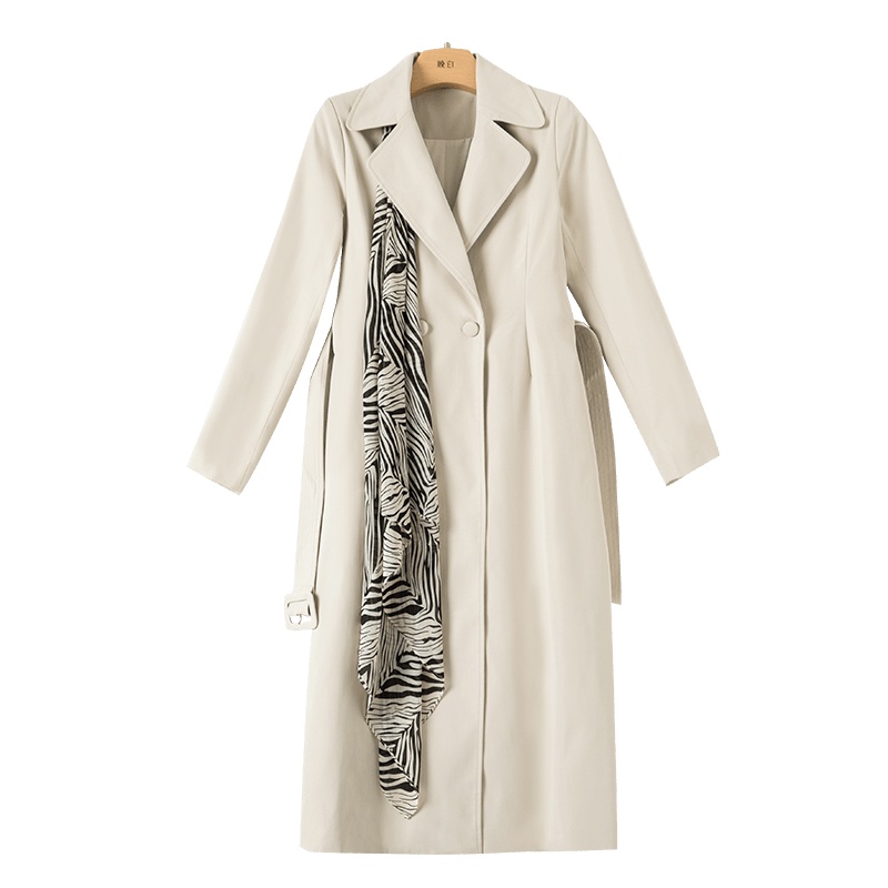 晚白2021春季新品时尚简约翻领长袖收腰系带修身显瘦长风衣外套女