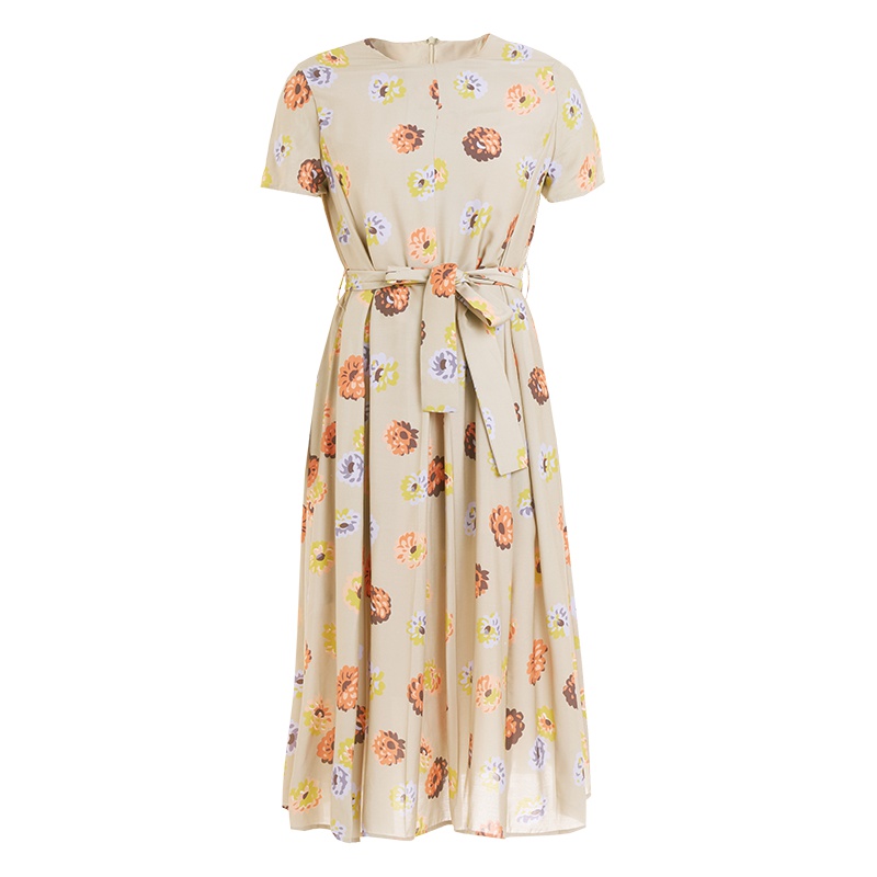 鄂尔多斯1980 春夏欢悦系列圆领印花系带收腰含蚕丝褶皱连衣裙女