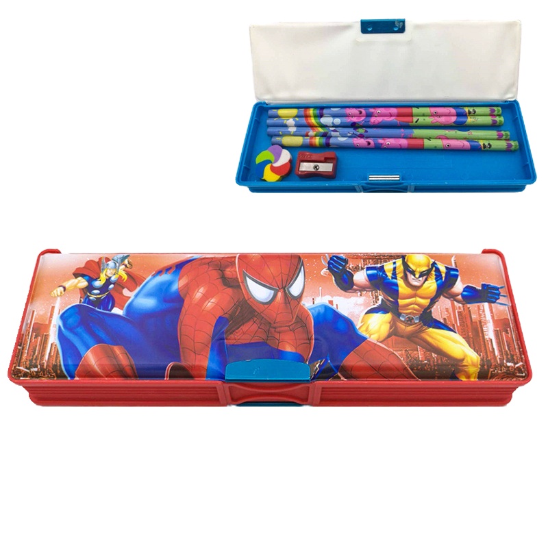 小学生多功能卡通塑料文具盒铅笔盒男女孩儿童幼儿园大容量笔盒 蜘蛛侠(双面开送3件套)