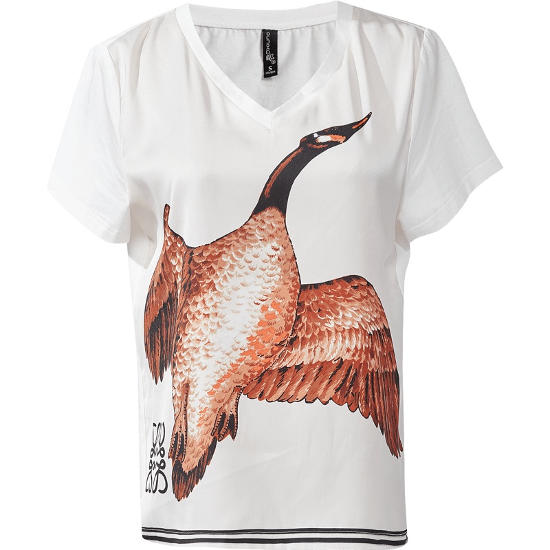 欧昵雪夏季水墨画动物图案印花显瘦V领宽松纯棉T恤女短袖