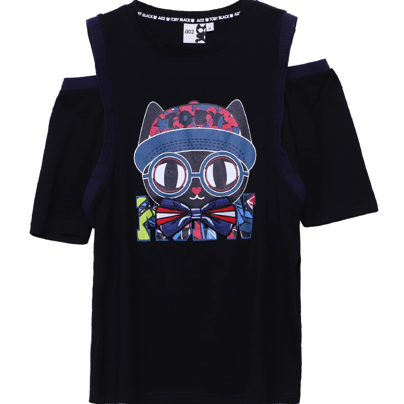 a02新款萌趣小黑印花个性假两件露肩T恤女DTU2C0101KT