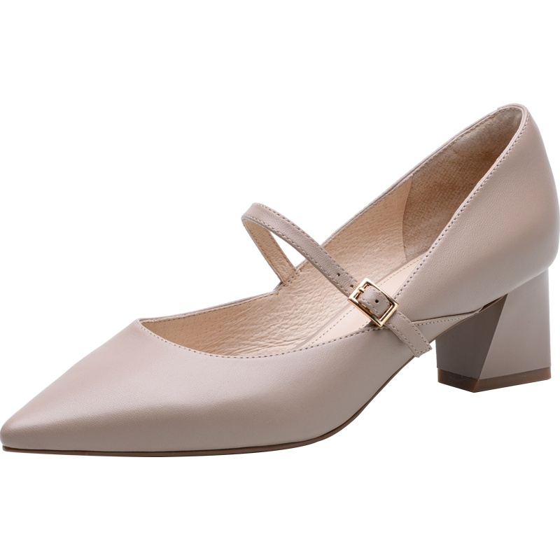 百田森2021春季新款羊皮玛丽珍鞋女尖头高跟鞋中跟一字带职业鞋女