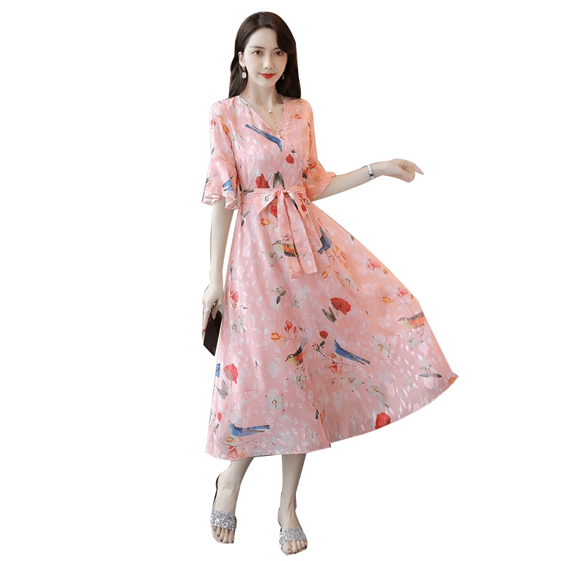 丝柏舍2020秋女印花荷叶五分袖中长款雪纺连衣裙S91B0206L