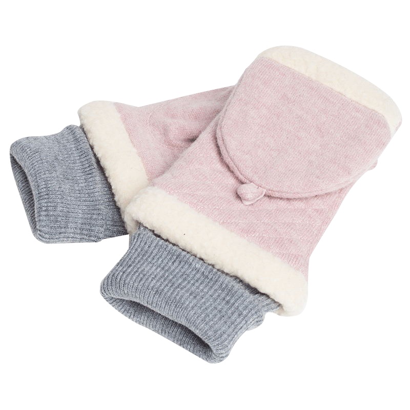 乐为半指手套女士冬季羊毛露指翻盖两用加绒加厚户外保暖手套可爱学生韩版潮流时尚 17FD168