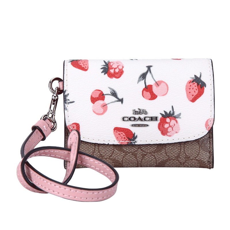 COACH 蔻驰 奢侈品 欧美时尚女士手提包卡其拼色樱桃款PVC卡包手拎包