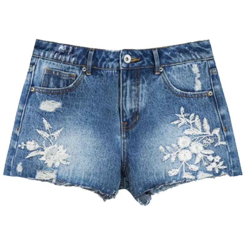 【专柜同款】拉夏贝尔夏水洗女刺绣毛边直筒花朵韩版显瘦热裤牛仔短裤10015993