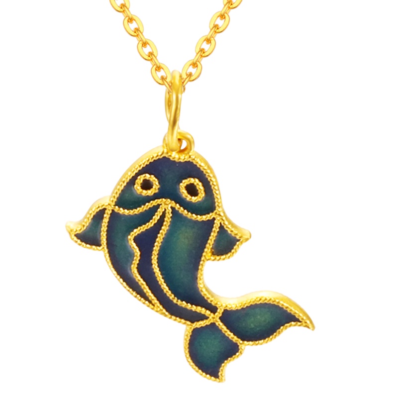 黄金码头足金999古法烧蓝锦鲤鱼吊坠复古国风双面可戴金坠子礼物