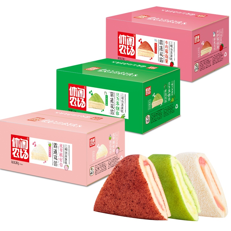 休闲农场霸道双馅三明治蒸蛋糕混合口味(抹茶/白桃/草莓)2kg*1苏宁自营零食营养代餐夹心毛巾卷休闲零食整箱整箱早餐面包