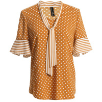 欧昵雪 夏圆点拼接条纹系带雪纺衫女短袖喇叭袖波点上衣X