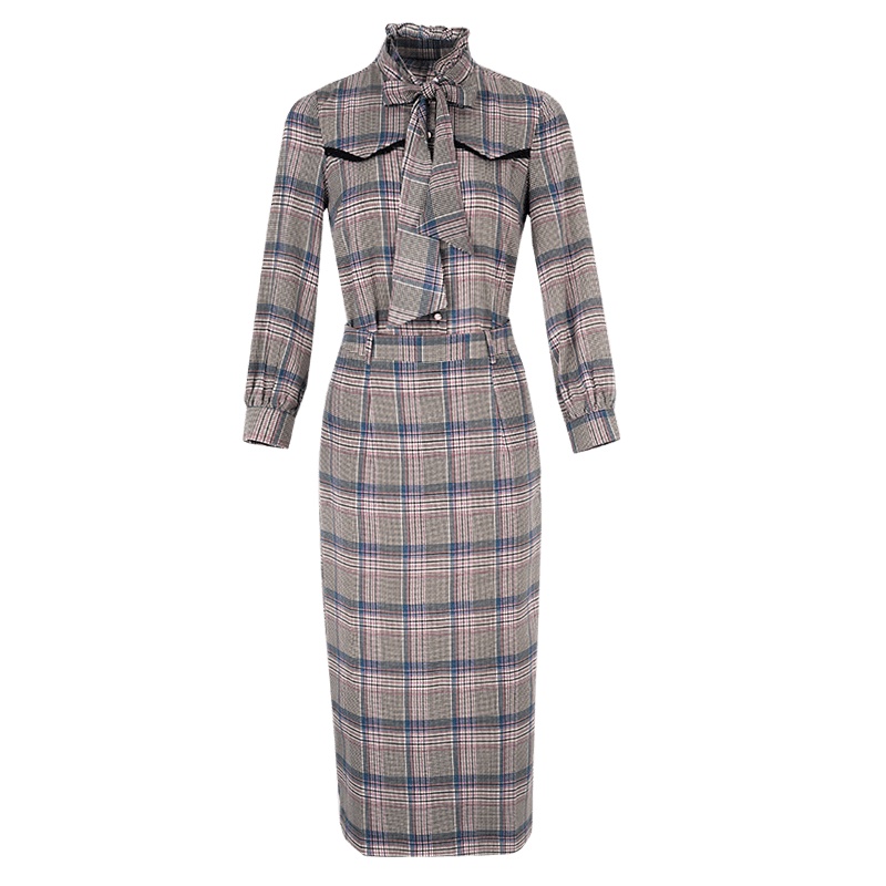 晚白2020春季新品两件套复古格纹衬衫高腰包臀半身裙时尚套装裙女