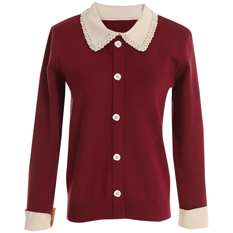 欧昵雪娃娃领显瘦短款针织开衫女洋气长袖毛衣外套