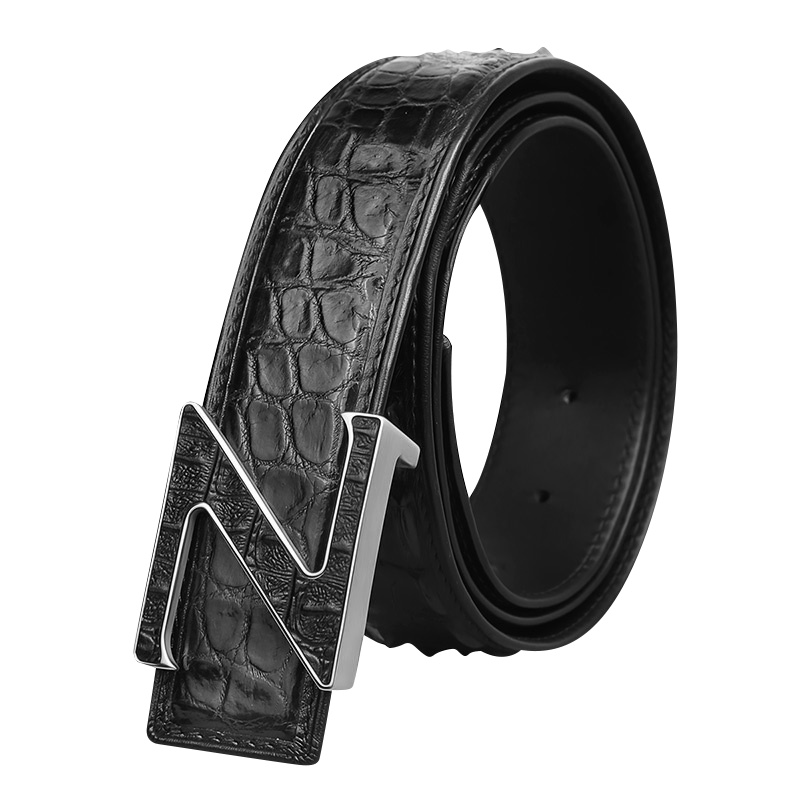 鳄鱼皮腰带皮带男士新款平滑扣鳄鱼皮中年人腰带男青年真皮商务裤腰带PD190723-1YH银黑色