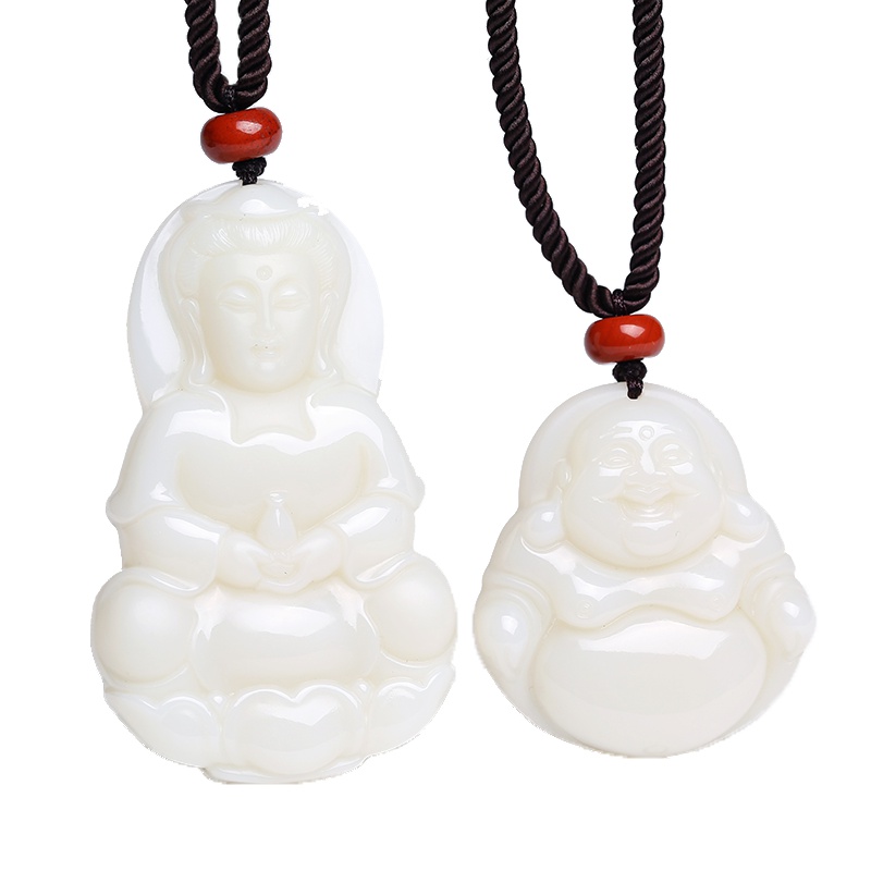 和田玉白玉观音佛玉石吊坠 情侣款和田玉吊坠 男玉观音/女佛公 附送证书