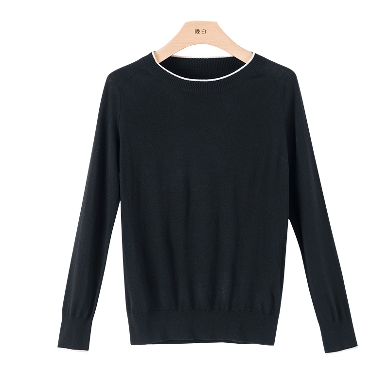 晚白2020春新品时尚通勤百搭简约纯色圆领休闲长袖针织衫羊毛衫女