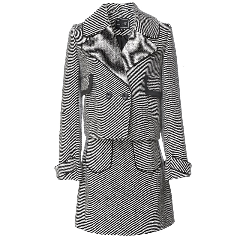 欧昵雪秋冬条纹呢子外套半身裙两件套女职业毛呢时尚套装