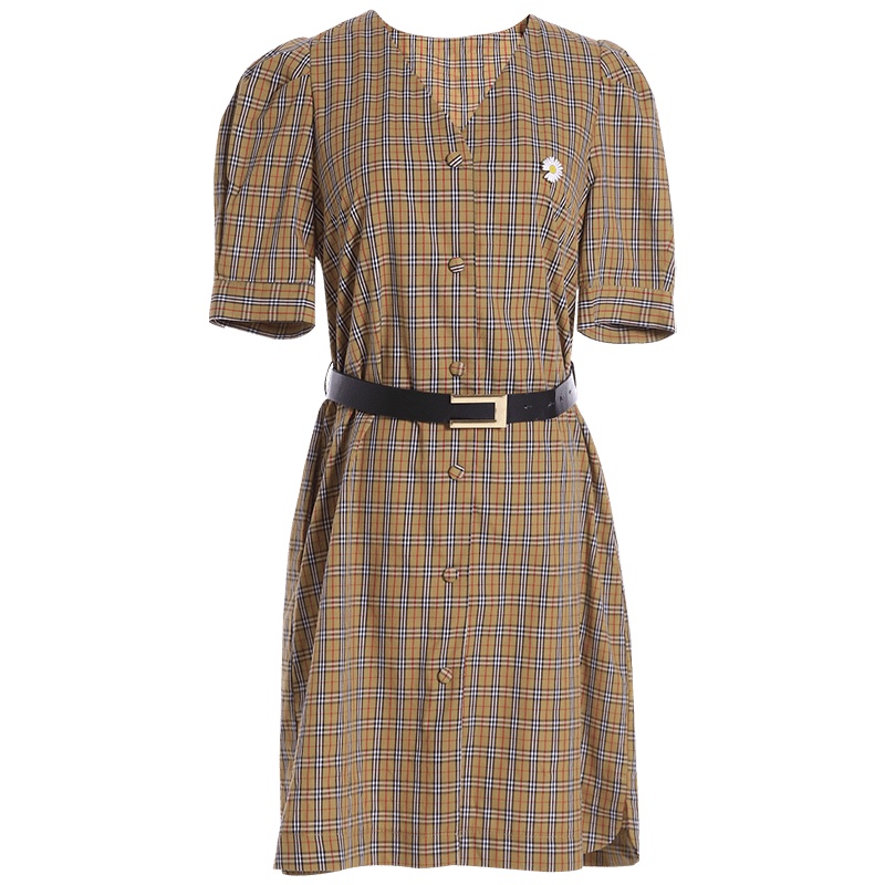 欧昵雪夏季V领小雏菊胸针收腰格子连衣裙女短袖纯棉短裙