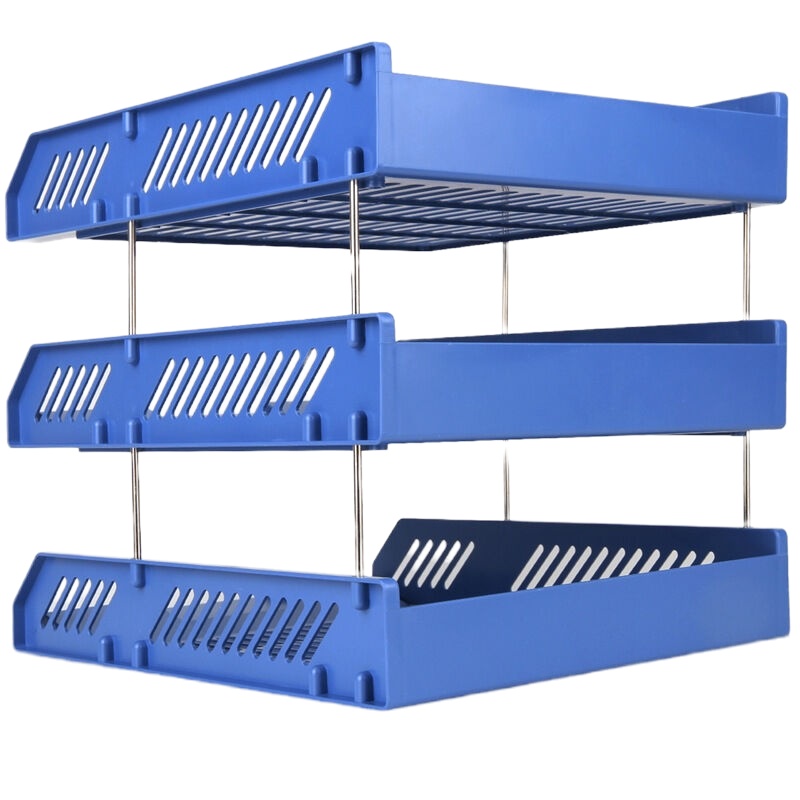 得力9209三层文件座(蓝色)三层塑料文件框 资料收纳盒