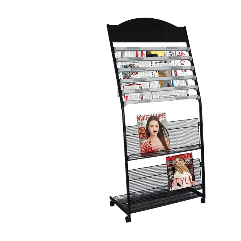 品创书报架杂志报刊书架办公室报纸架大厅客厅摆放展示架简约铁艺落地带轮子 灰白色 640*1310