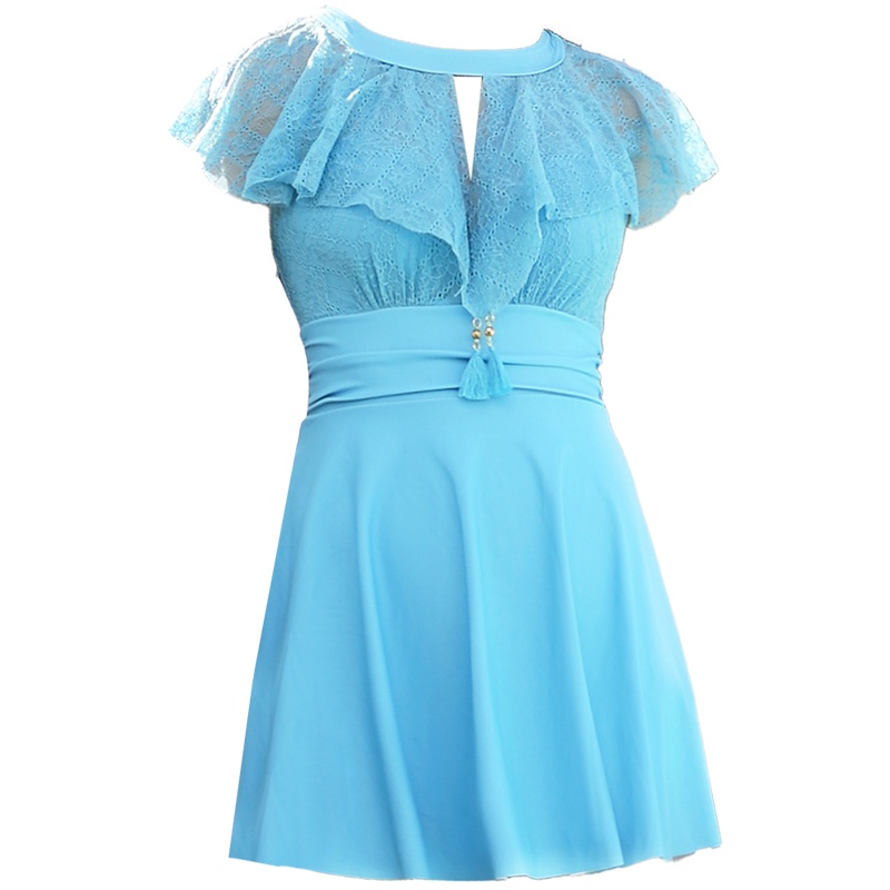 OOK连体裙式泳衣女士保守遮肚显瘦游泳衣大胸聚拢性感大码泳装新款 蓝色