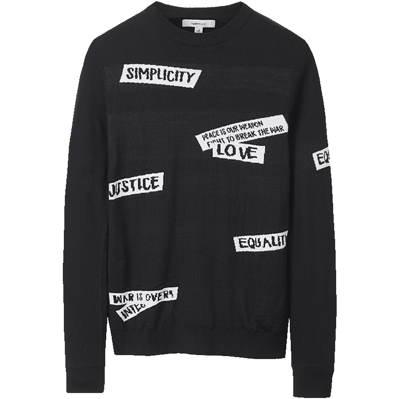 马克华菲男装春新款个性不规则印花圆领羊毛毛衣男式针织衫