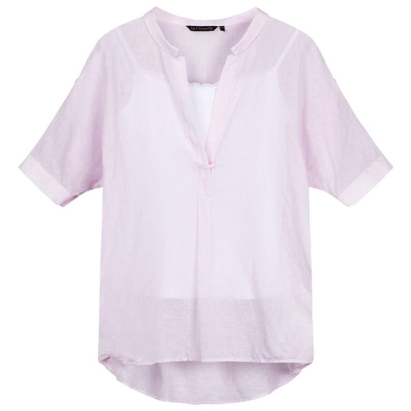 拉夏贝尔女夏新款韩版百搭衬衫V领衬衣粉色小清新宽松两件套_686_804 S 玫红（含吊带）