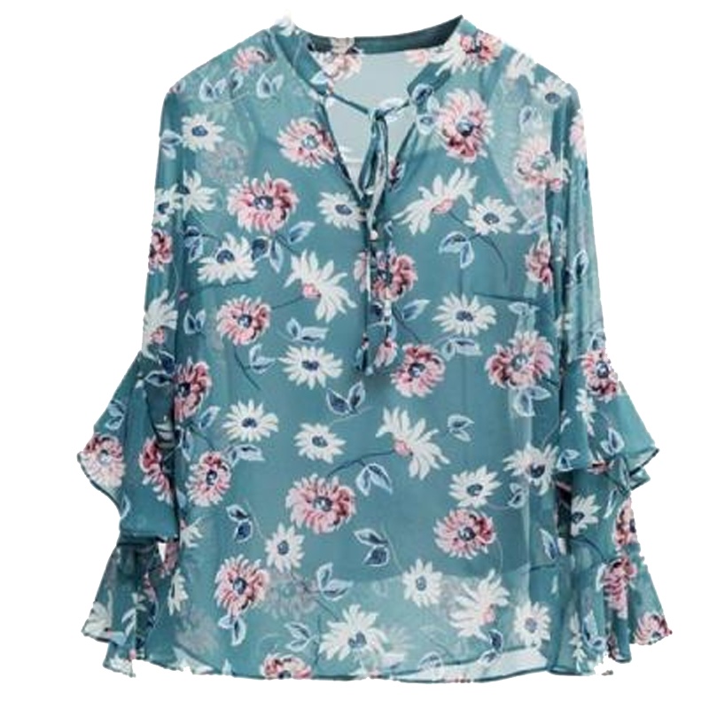 拉夏贝尔两件套雪纺衬衫女春季韩版宽松显瘦气质碎花九分袖衬衣女10018364