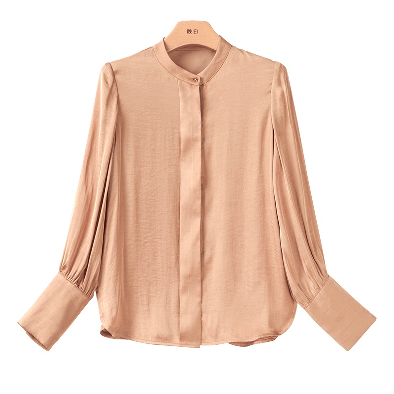 晚白2021春季新品时尚简约纯色立领长袖通勤常规百搭衬衫衬衣女