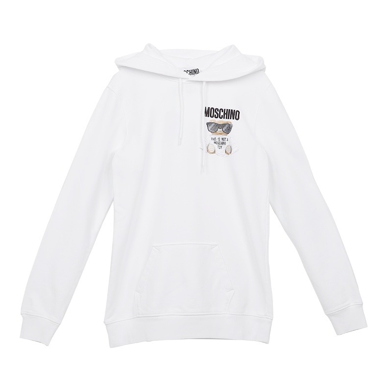 MOSCHINO 莫斯奇诺 女士白色棉质休闲连帽刺绣小熊卫衣简约上衣春装17095527 V1001