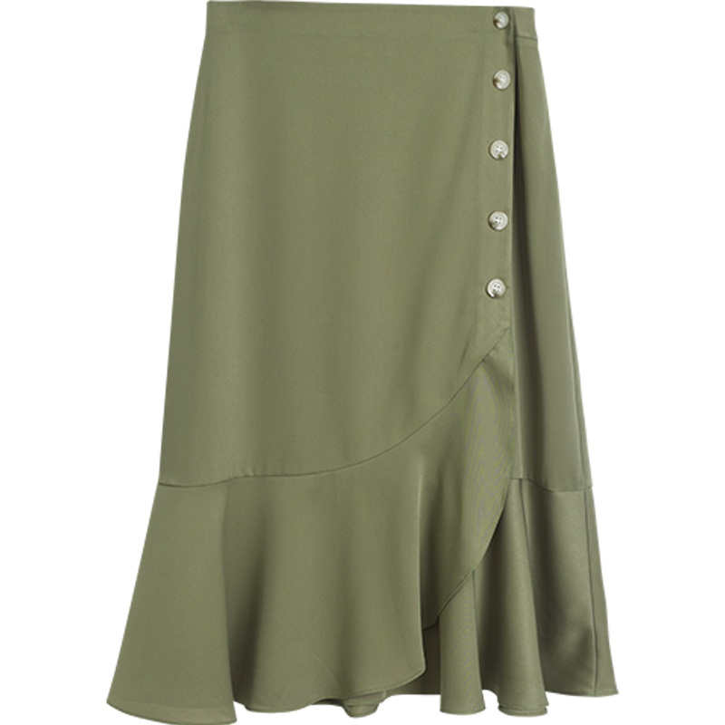 OSA欧莎雪纺鱼尾裙2019新款夏绿色高腰a字不规则半身裙女中长款