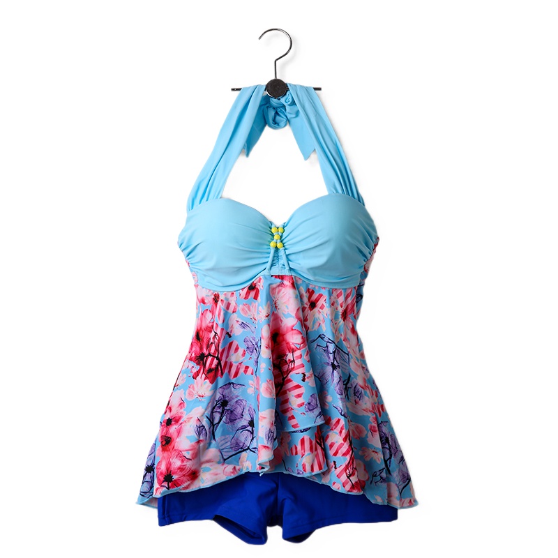 号手泳衣女裙式分体平角裤小胸聚拢保守女士高腰显瘦遮肚温泉泳装