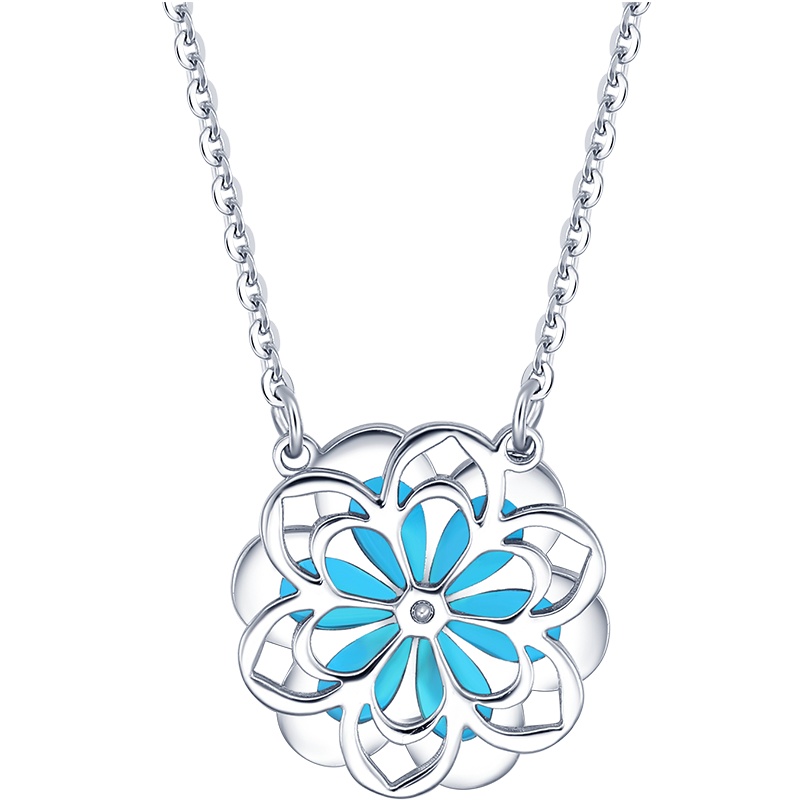 周大生铂金项链女正品Pt950珐琅蓝窗樱花套链白金锁骨链子送女友